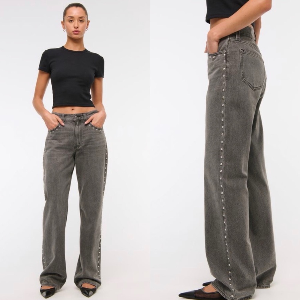 Abercrombie & Fitch Curve Love High Rise Loose Jeans in Grey Studded. Sz 24 Long